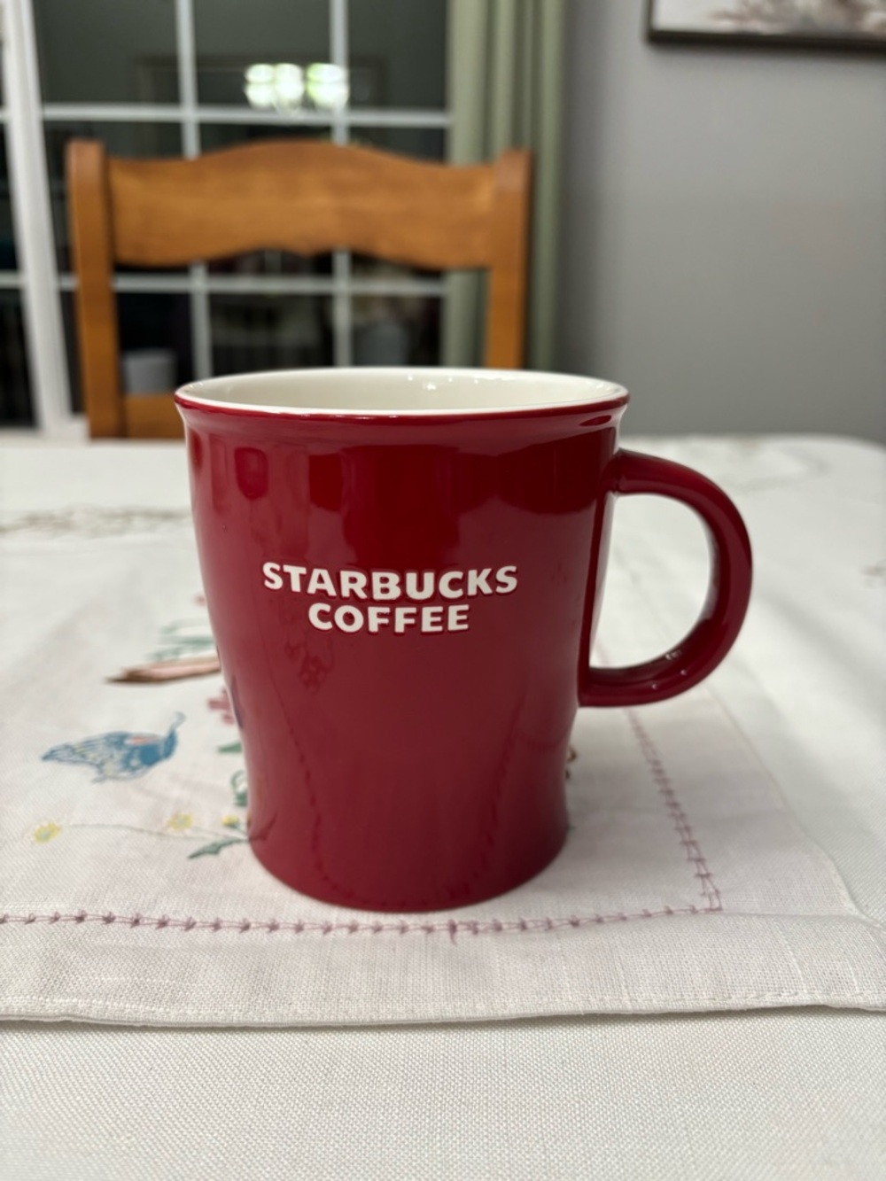 Starbucks Red Ceramic Coffee Tea Mug Cup 2008 Embossed White Inside 14 Oz